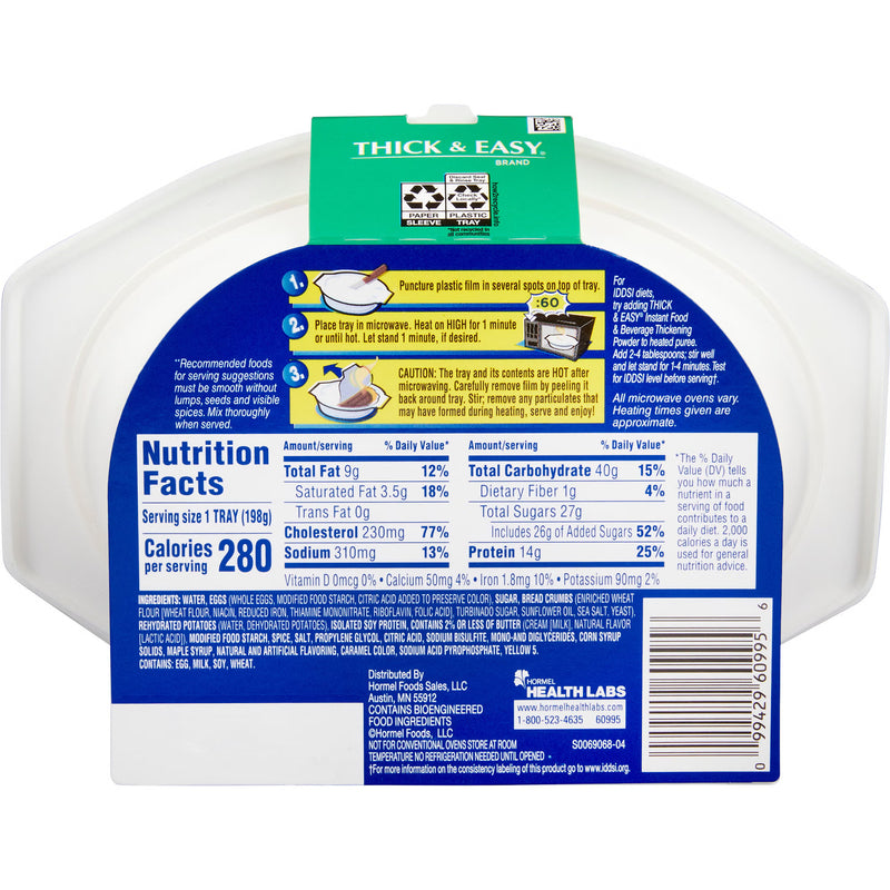 Back label of a THICK & EASY. plastic tray liner package, showing nutrition facts, usage instructions, and a Health Labs seal on a white background.