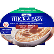 A package of Hormel Thick & Easy French Toast with Maple Cinnamon, featuring a blue and green label with a photo of the thick, creamy custard in a white bowl.