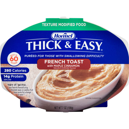 A package of Hormel Thick & Easy French Toast with Maple Cinnamon, featuring a blue and green label with a photo of the thick, creamy custard in a white bowl.