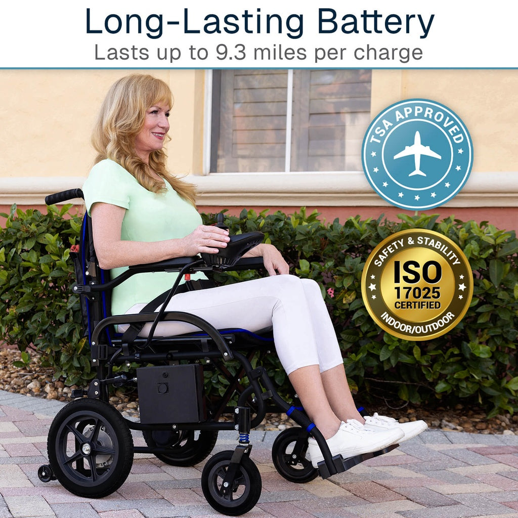 Woman using a power wheelchair with long-lasting battery and certification logos on a background.