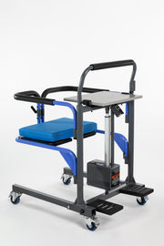 Medical lift chair with blue cushion on a white background
