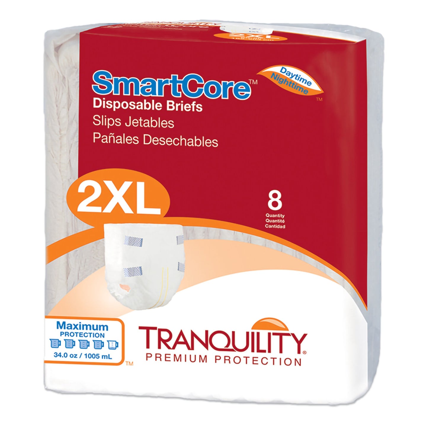 Pack of Tranquility SmartCore disposable briefs in 2XL size on a white background