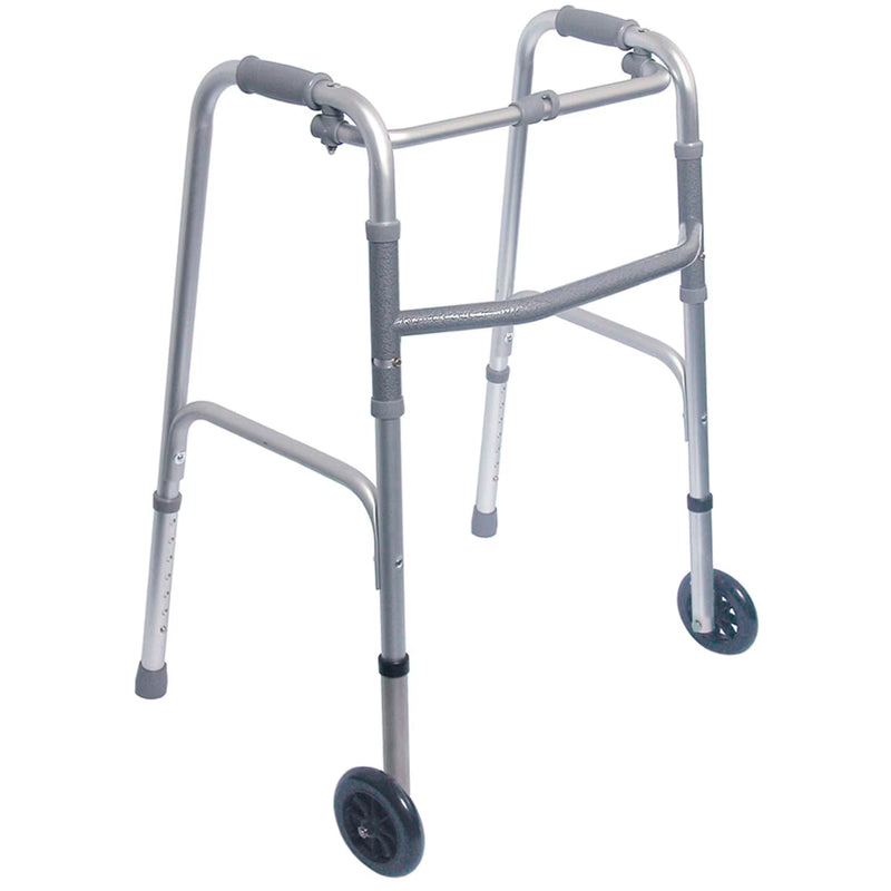 A silver aluminum rollator walker with black wheels and gray padded handles, shown on a plain white background.