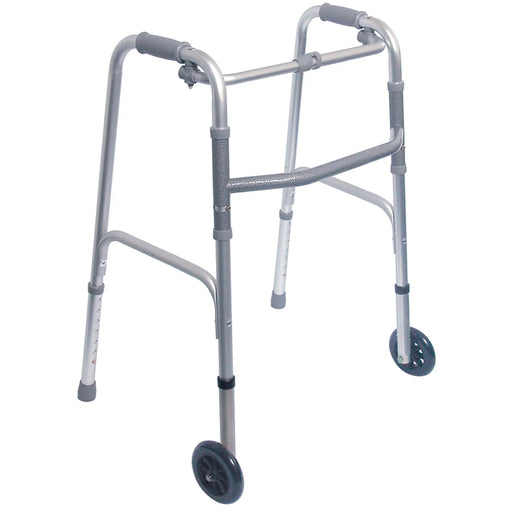A silver aluminum rollator walker with black wheels and gray padded handles, shown on a plain white background.