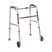A silver metal rolling walker with four wheels and gray padded armrests, shown on a plain white background.