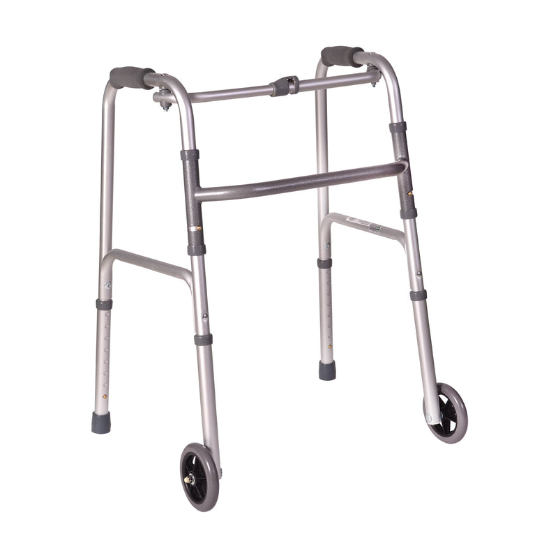 A silver metal rolling walker with four wheels and gray padded armrests, shown on a plain white background.