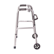 A silver aluminum rolling walker with gray padded handles, dual support arms, a small side handle, and two small black caster wheels, shown on a plain white background.