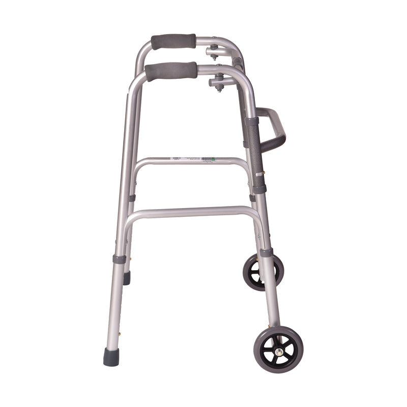 A silver aluminum rolling walker with gray padded handles, dual support arms, a small side handle, and two small black caster wheels, shown on a plain white background.