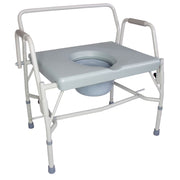 Bedside commode with metal frame and gray seat on a white background