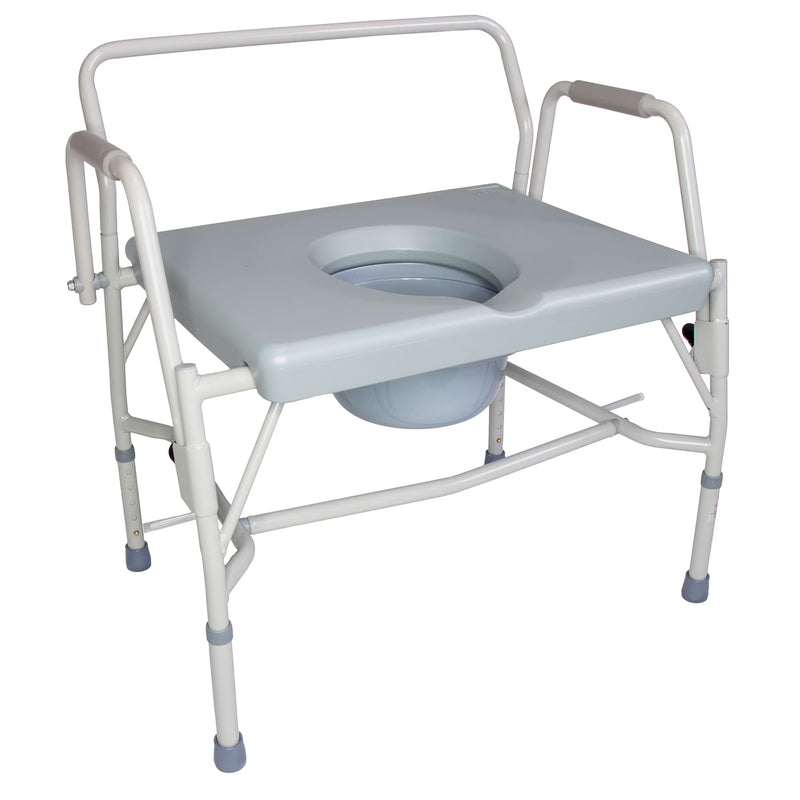 Bedside commode with metal frame and gray seat on a white background