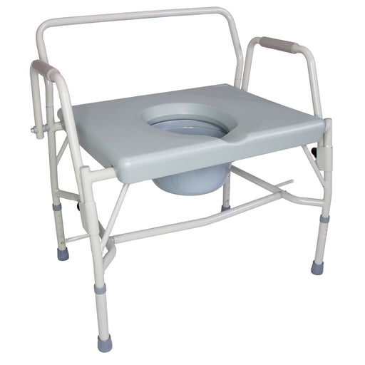 Bedside commode with metal frame and gray seat on a white background