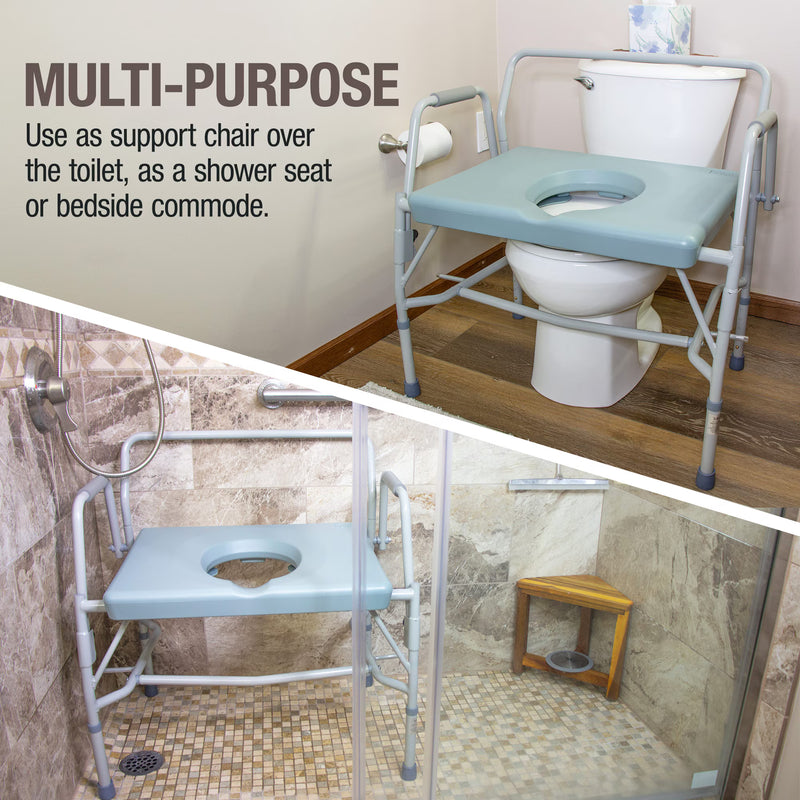 Multi-purpose support chair over a toilet in a bathroom setting.