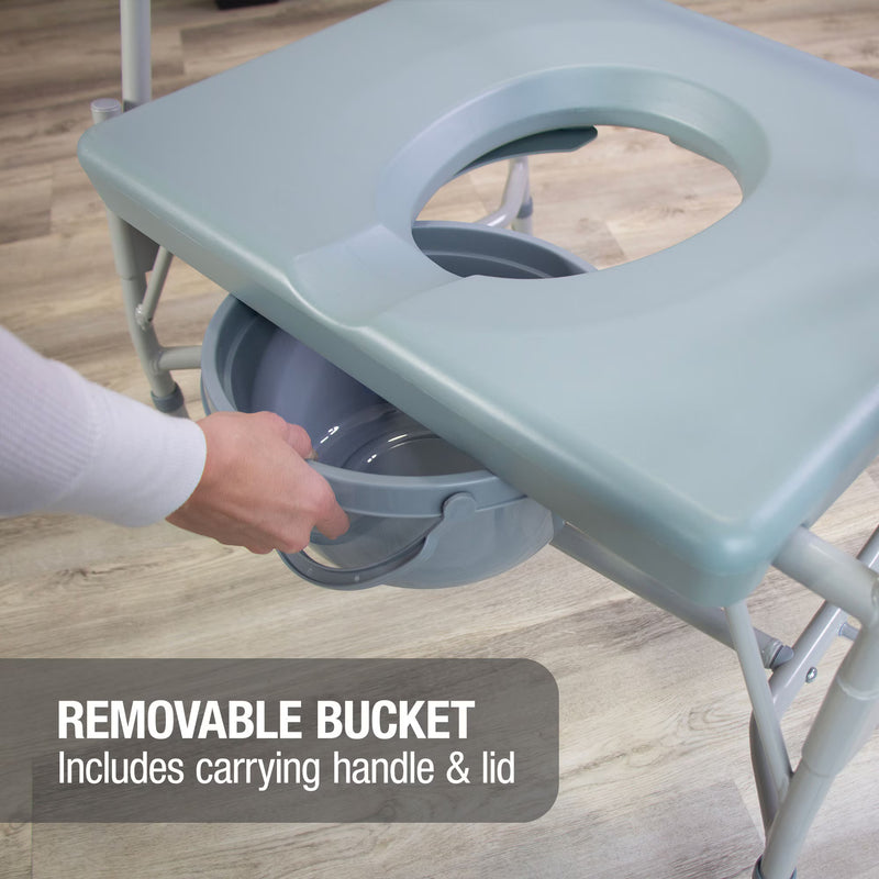 Bath chair with a removable bucket on a wooden floor