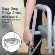 Bedside commode with easy drop down arms feature, showing a hand using it.