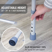 Adjustable height stand with slip-resistant tips on a wooden floor.