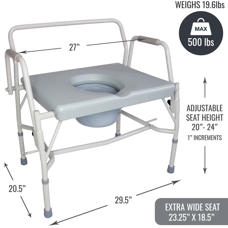 Medical commode chair with dimensions and weight capacity on a white background