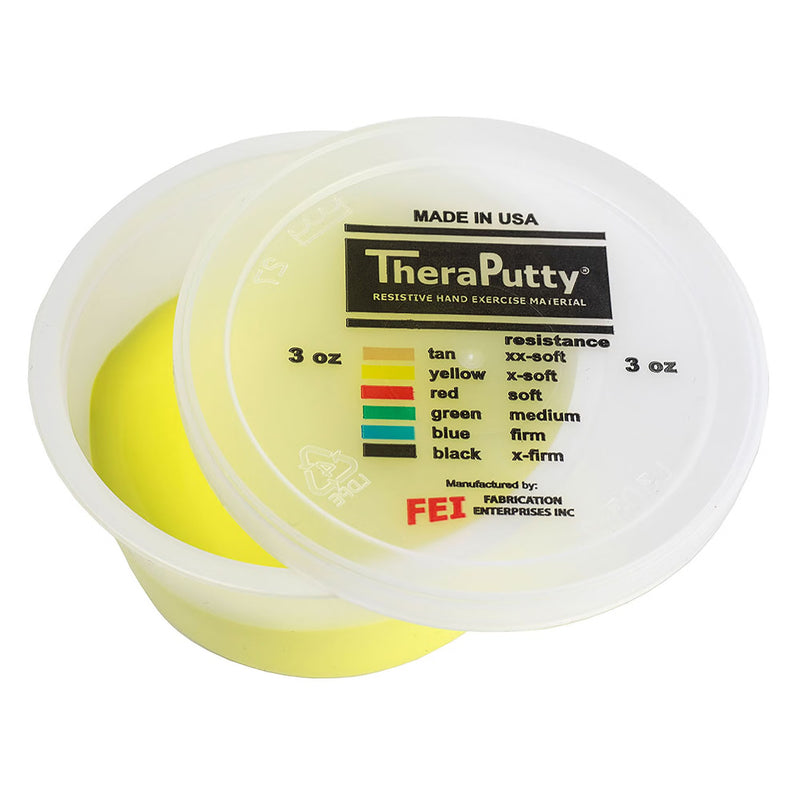 TheraPutty container with yellow putty inside on a white background
