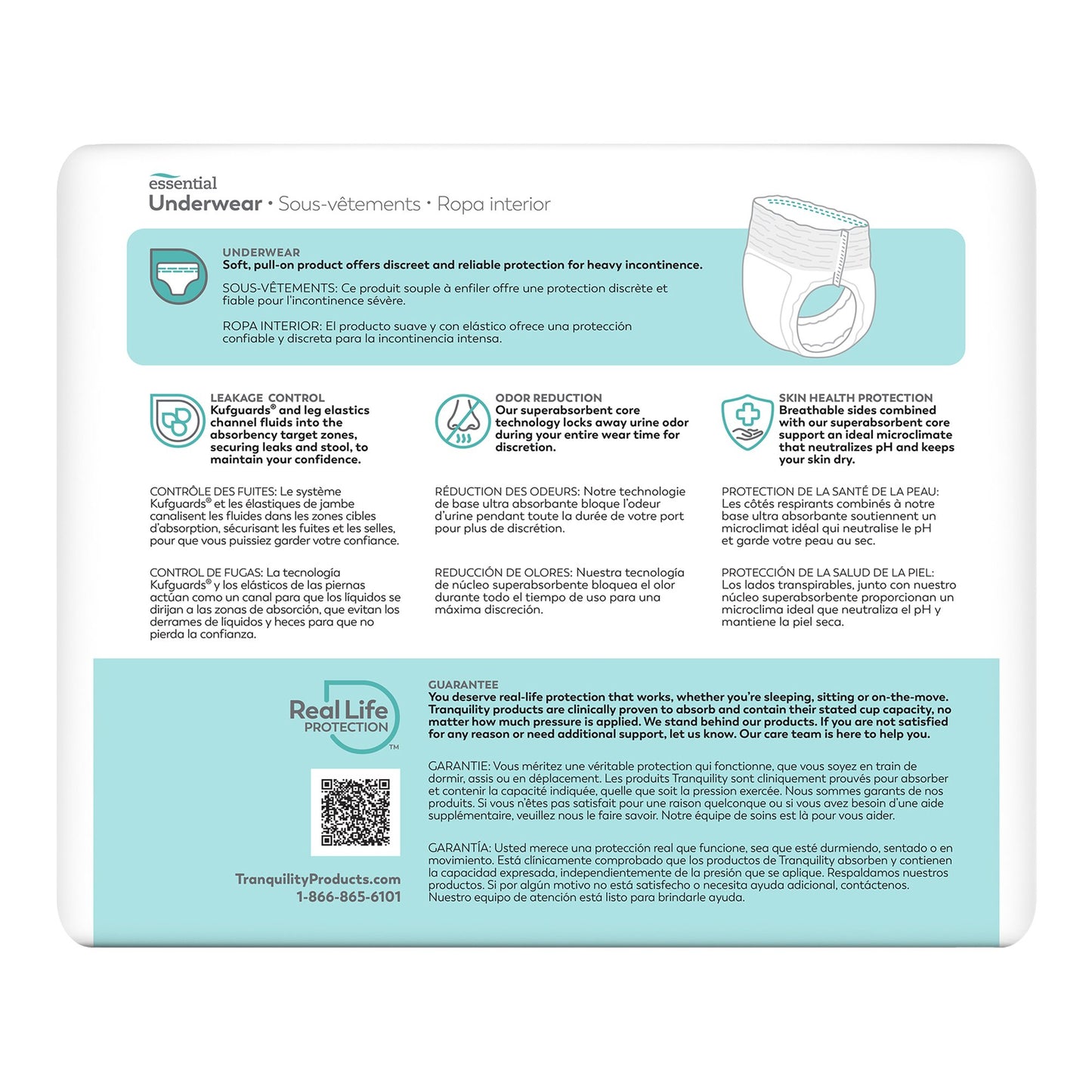 Package of Tranquility Essential Underwear with text and branding on a white background