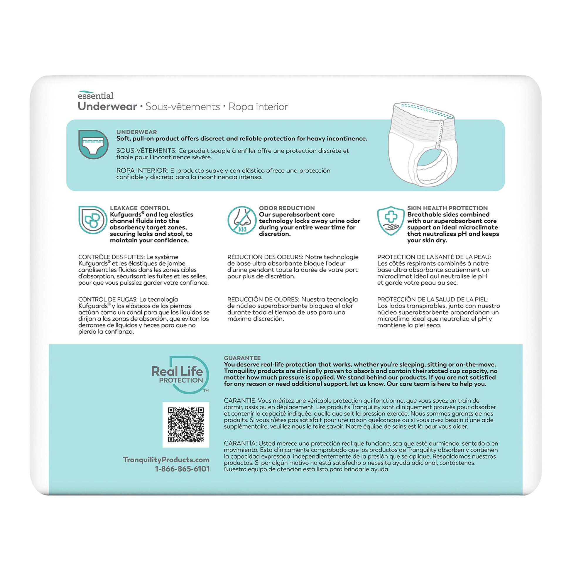 Package of Tranquility Essential Underwear with text and branding on a white background