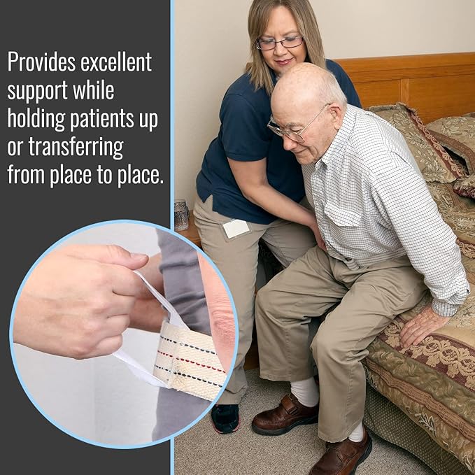 Caregiver assisting an elderly person in sitting on a bed with text about support.