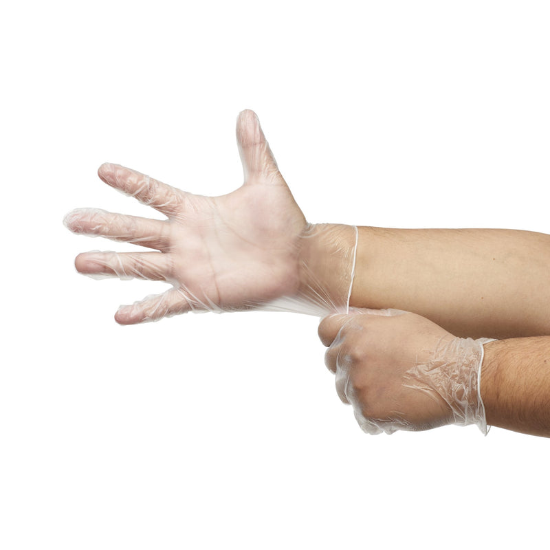 Person wearing clear plastic gloves on a white background