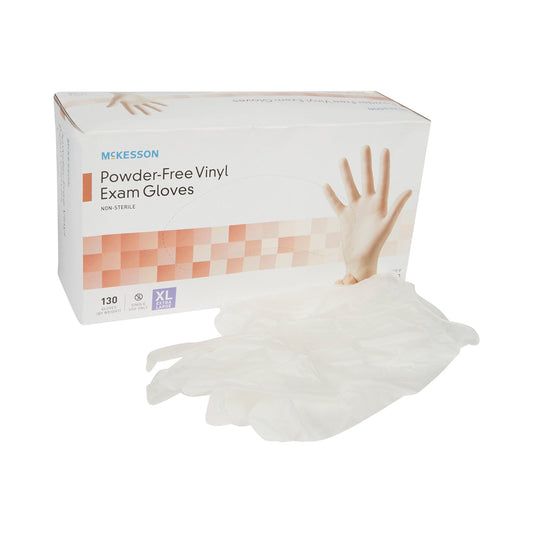 Box of McKesson powder-free vinyl exam gloves with gloves displayed in front.