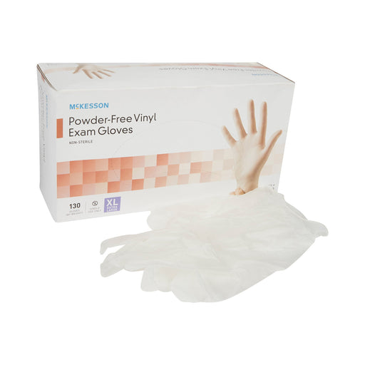 Box of McKesson powder-free vinyl exam gloves with gloves displayed in front.