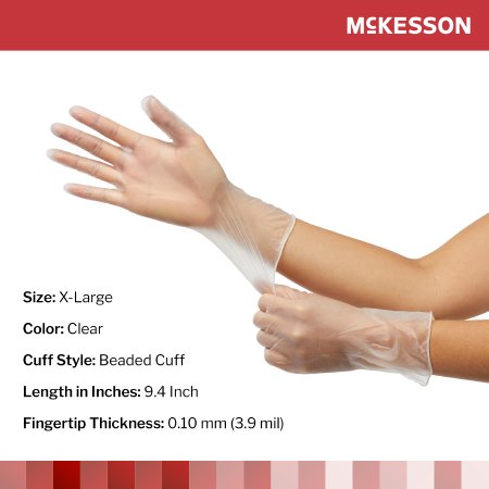 Clear vinyl gloves being worn with McKesson branding and product details.