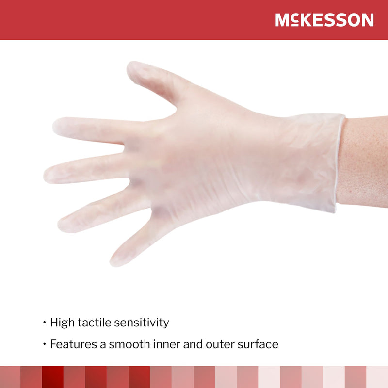 Transparent glove on a hand with McKesson branding and product features text.