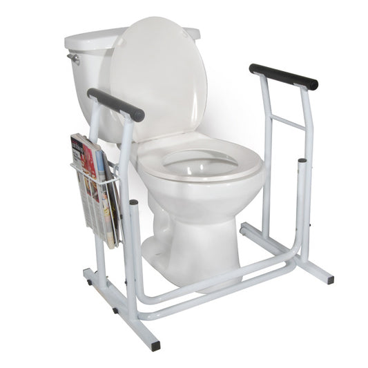 Toilet safety frame with handles and magazine holder attached to a white toilet on a white background