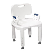 White shower chair with blue armrests and footrest on a white background