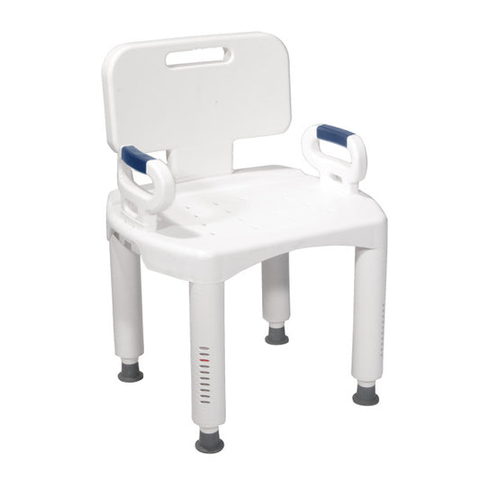 White shower chair with blue armrests and footrest on a white background