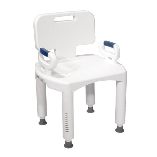 White shower chair with blue armrests and footrest on a white background