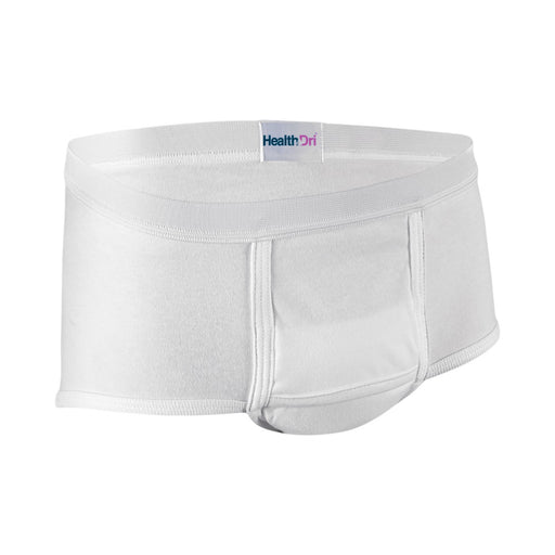 White HealthDri men's briefs with a contoured front pouch and a wide elastic waistband, shown on a plain white background.