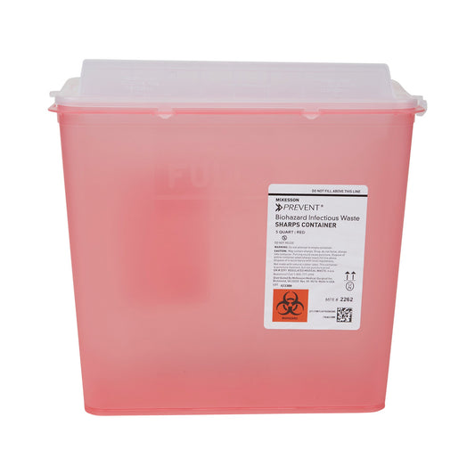 Red sharps container with a label on a white background