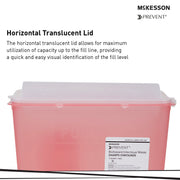 Biohazard sharps container with horizontal translucent lid on a white background, featuring McKesson branding.
