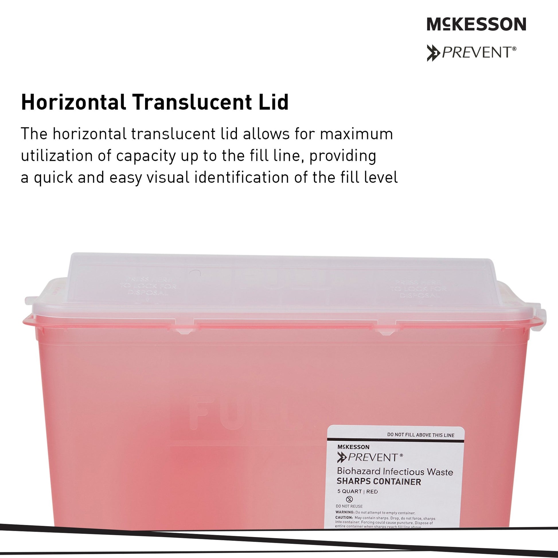 Biohazard sharps container with horizontal translucent lid on a white background, featuring McKesson branding.