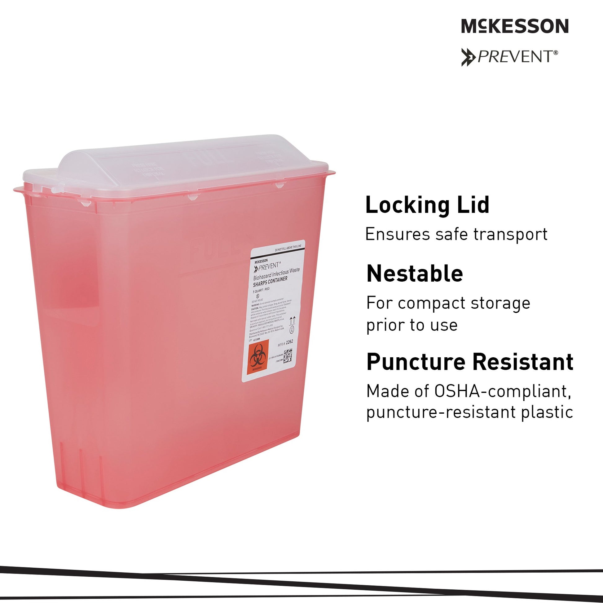 Red medical sharps container with white lid on a white background, featuring McKesson branding.