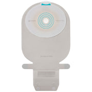 A SenSura Mito continence pad by CareFusion, shown from the back against a solid white background. The pad is light gray with a circular white and teal patterned area in the center, a small teal tab at the top, and a gray connector base at the bottom.