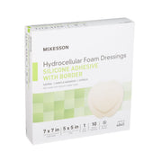A box of McKesson Hydrocellular Foam Dressings, Silicone Adhesive with Border, size 7x7 in, shown on a plain white background.