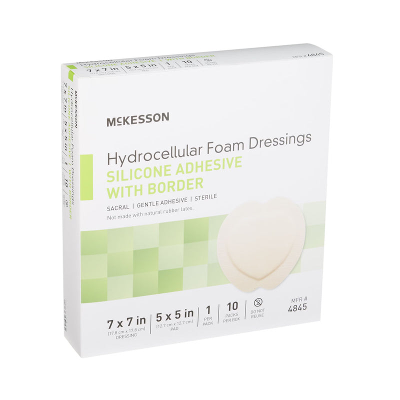 A box of McKesson Hydrocellular Foam Dressings, Silicone Adhesive with Border, size 7x7 in, shown on a plain white background.