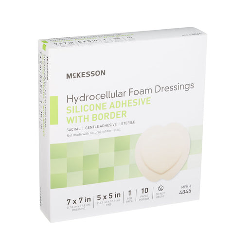 A box of McKesson Hydrocellular Foam Dressings, Silicone Adhesive with Border, size 7x7 in, shown on a plain white background.