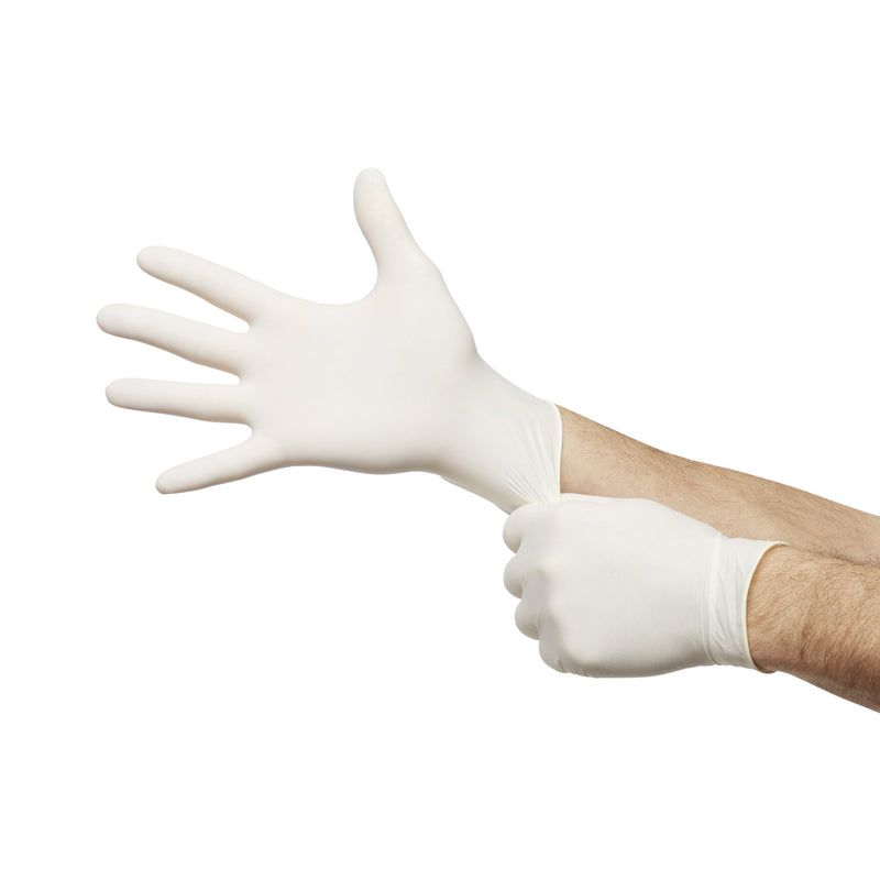 White latex gloves being worn on a white background