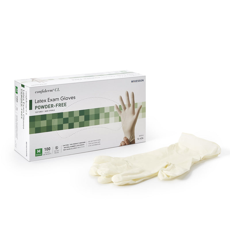 Box of latex exam gloves with a single glove on a white background
