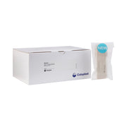A white Coloplast box next to a single wrapped test strip with a blue 'NEW' sticker, photographed on a clean white background.