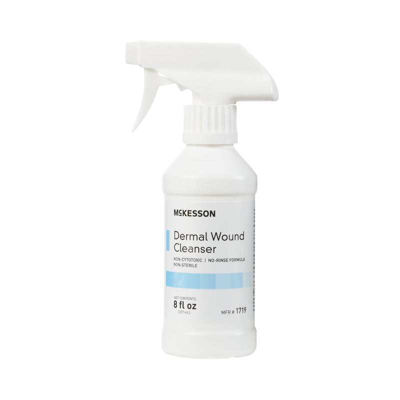 White spray bottle labeled 'Mckesson Dermal Wound Cleanser' on a white background