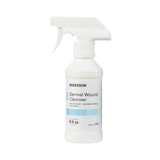White spray bottle labeled 'Mckesson Dermal Wound Cleanser' on a white background