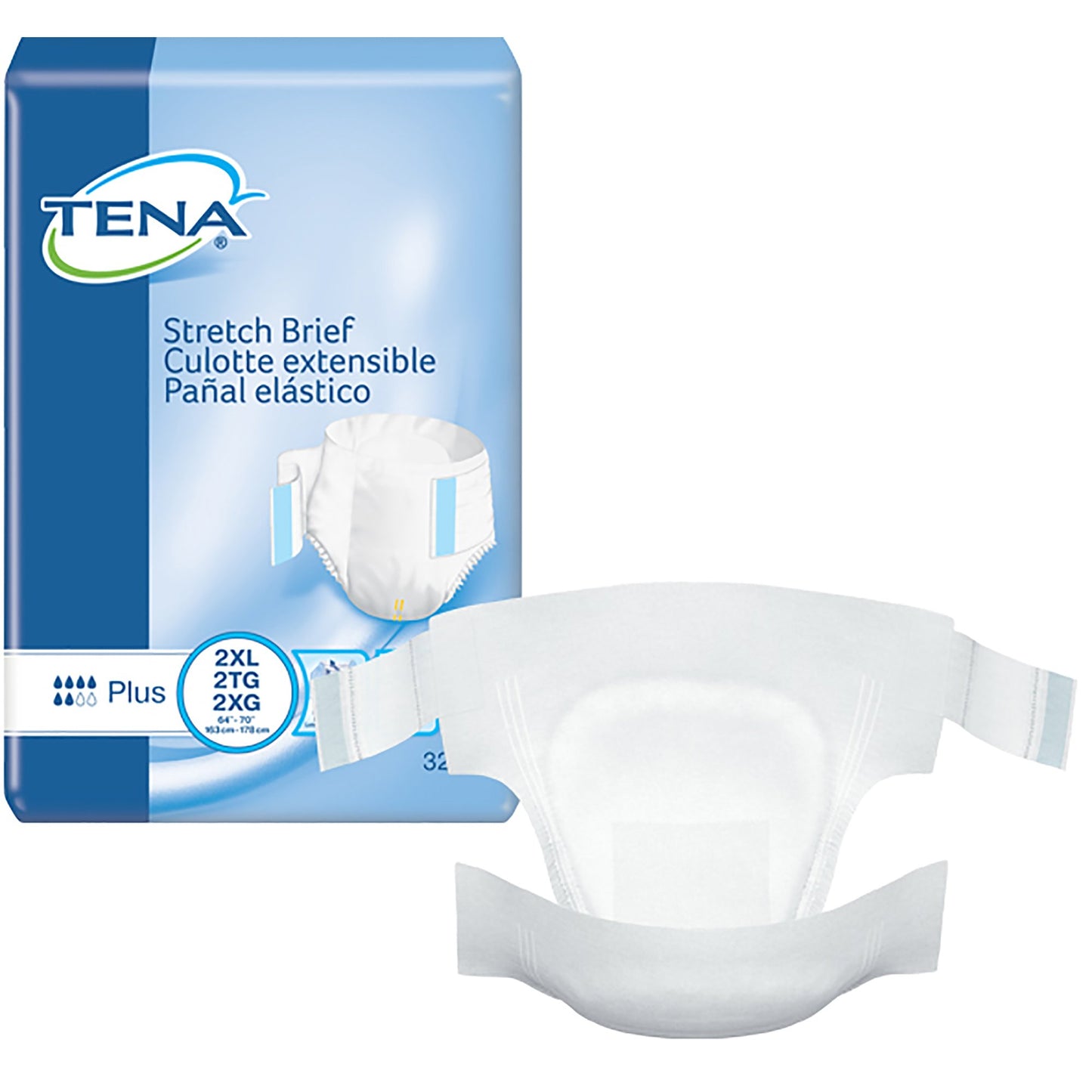 TENA stretch brief packaging with a single brief in front on a white background