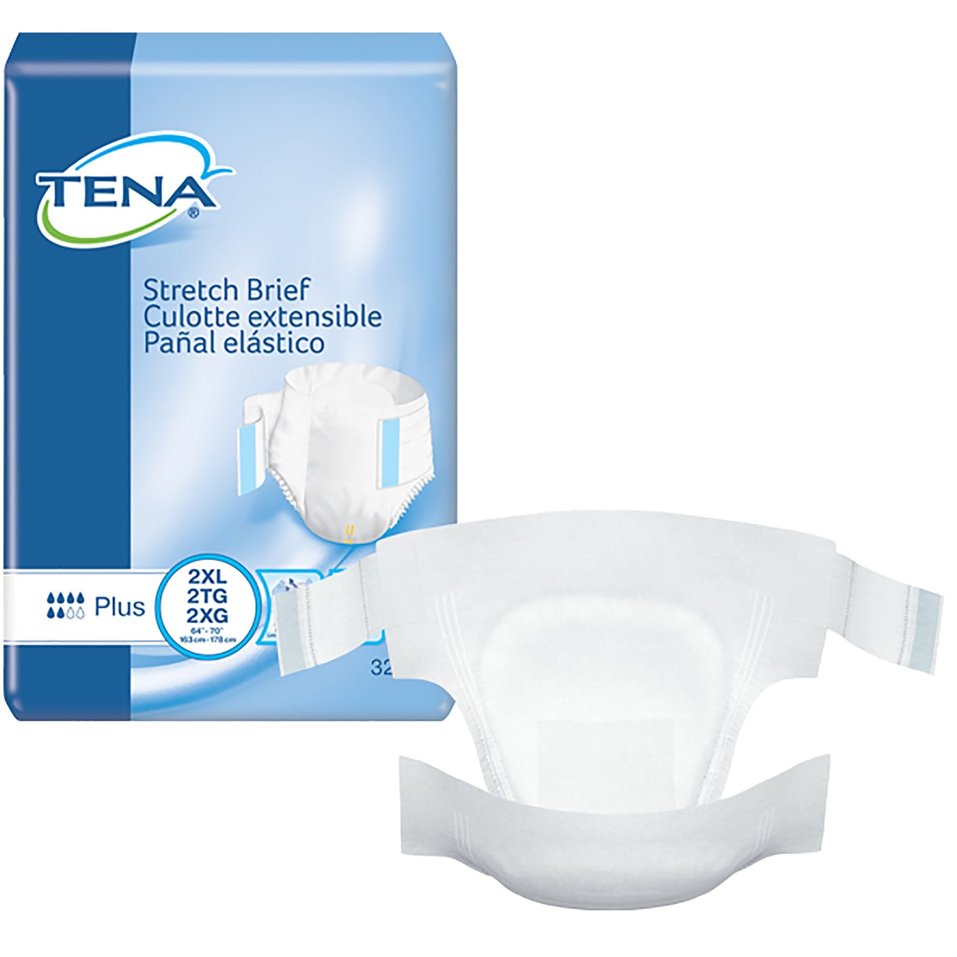 TENA stretch brief packaging with a single brief in front on a white background