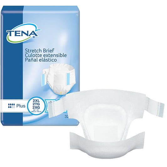 TENA stretch brief packaging with a single brief in front on a white background